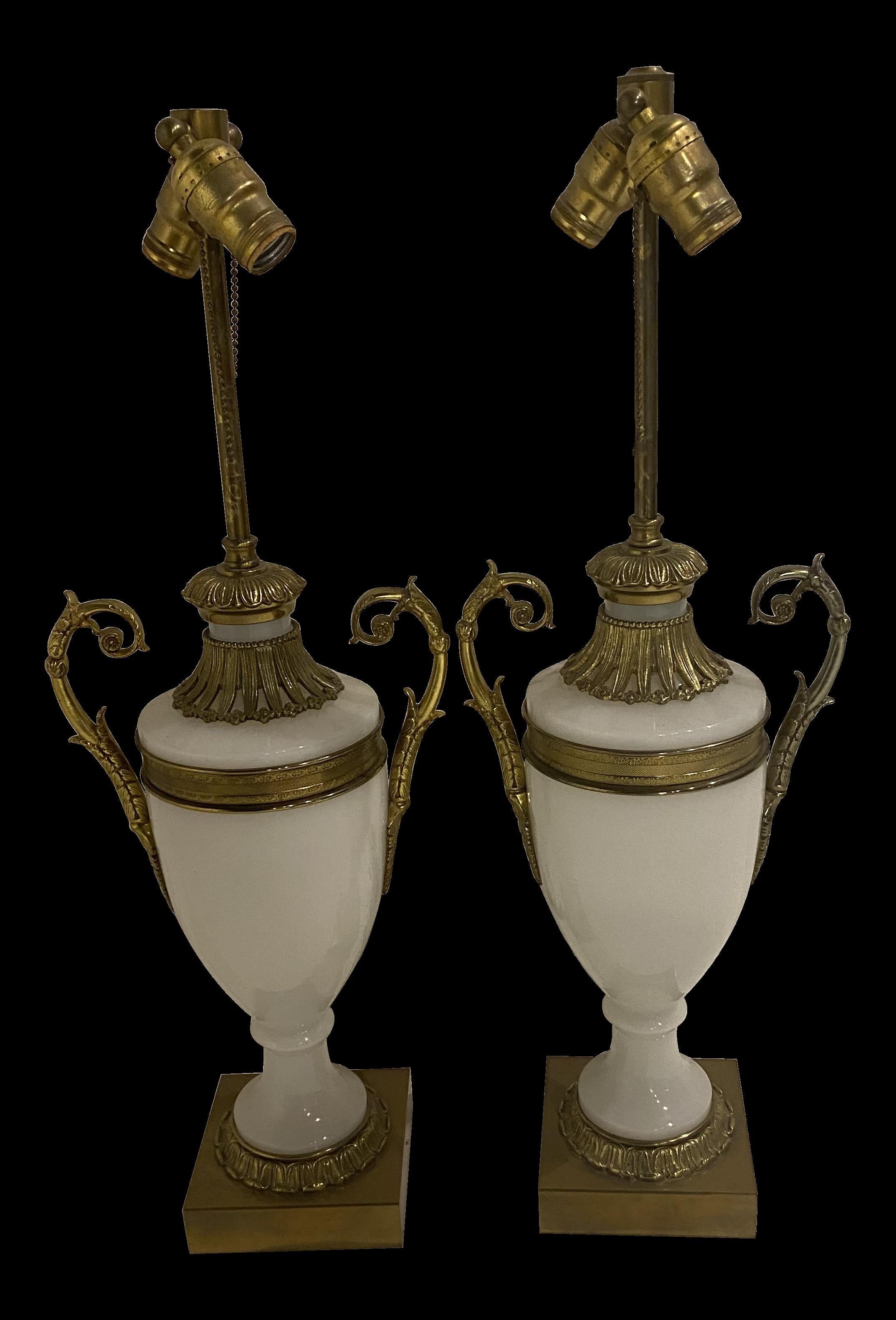 French 1930's Opaline Glass Table Lamps - Pair For Sale