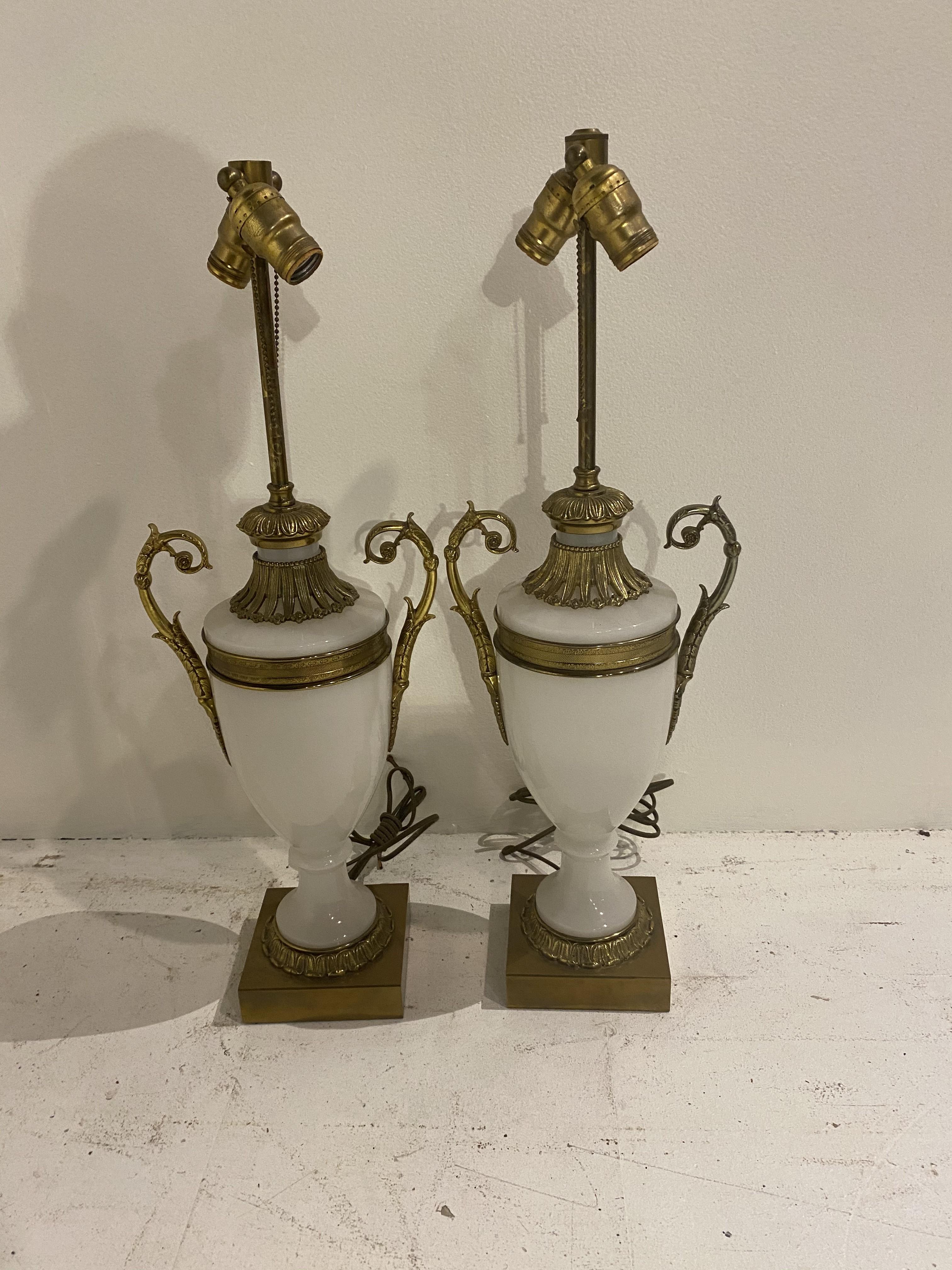 Gilt 1930's Opaline Glass Table Lamps - Pair For Sale