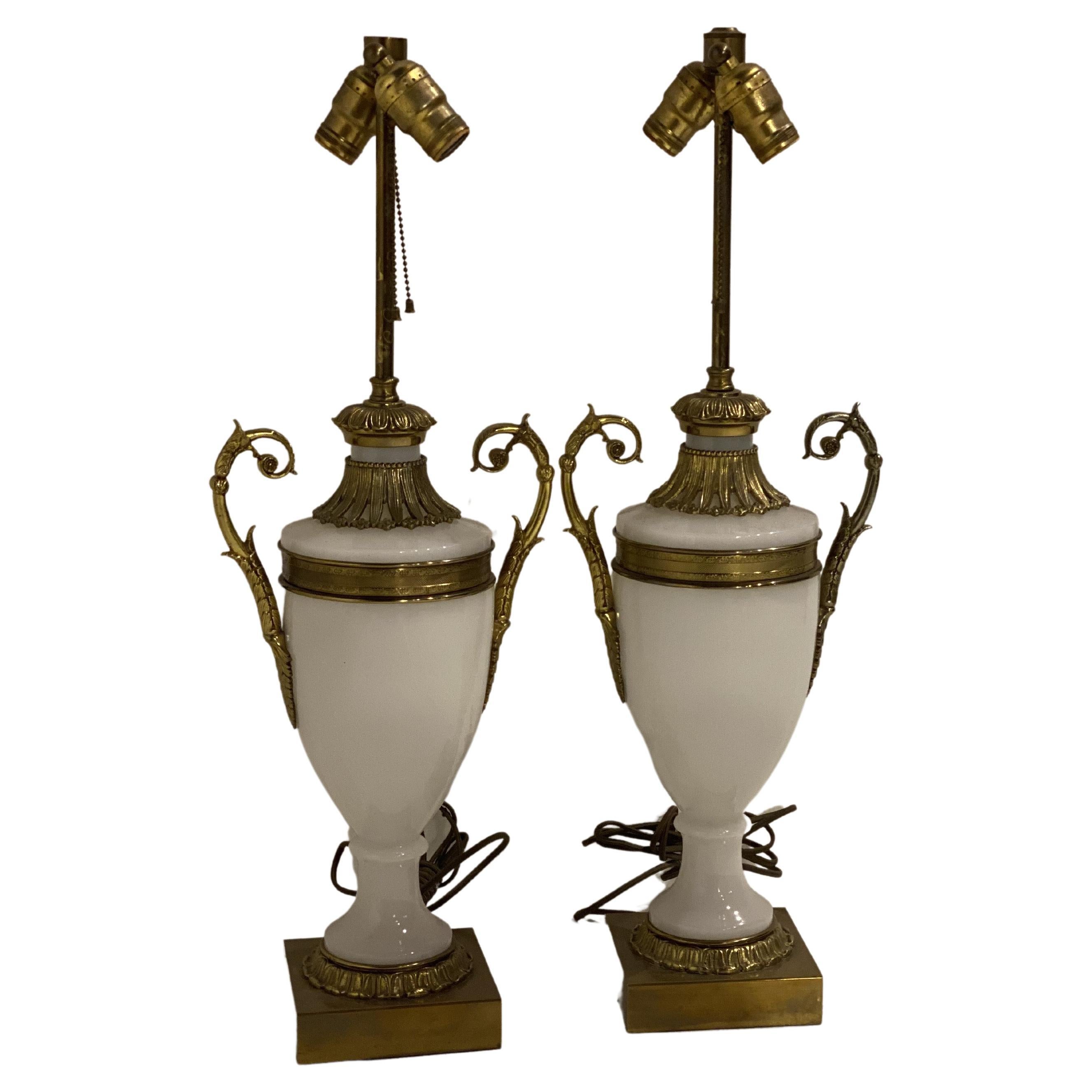 1930's Empire Opaline Glass Table Lamps - Pair