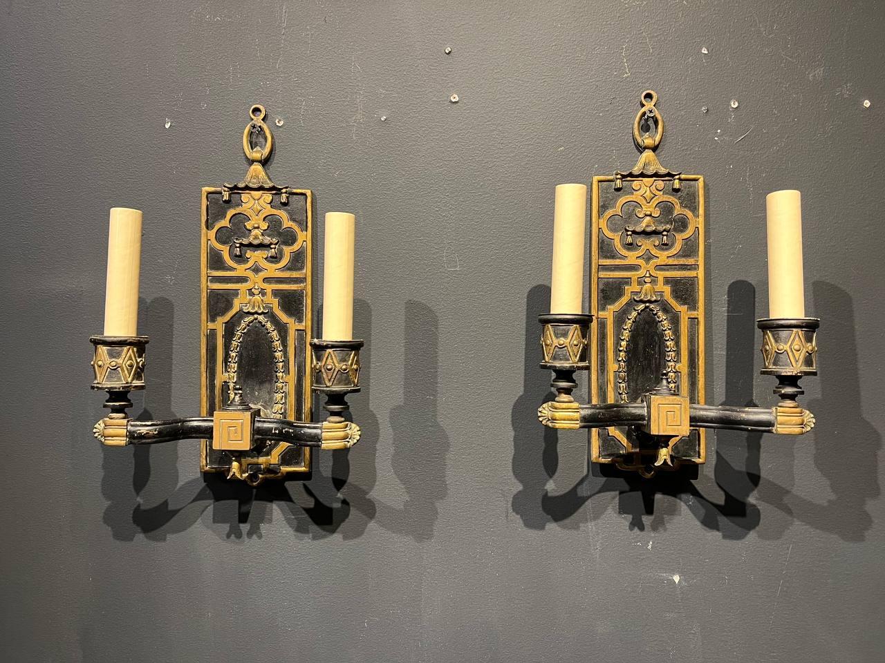 American Classical 1930's Pagoda Shape Bronze Black and Gold Sconces For Sale