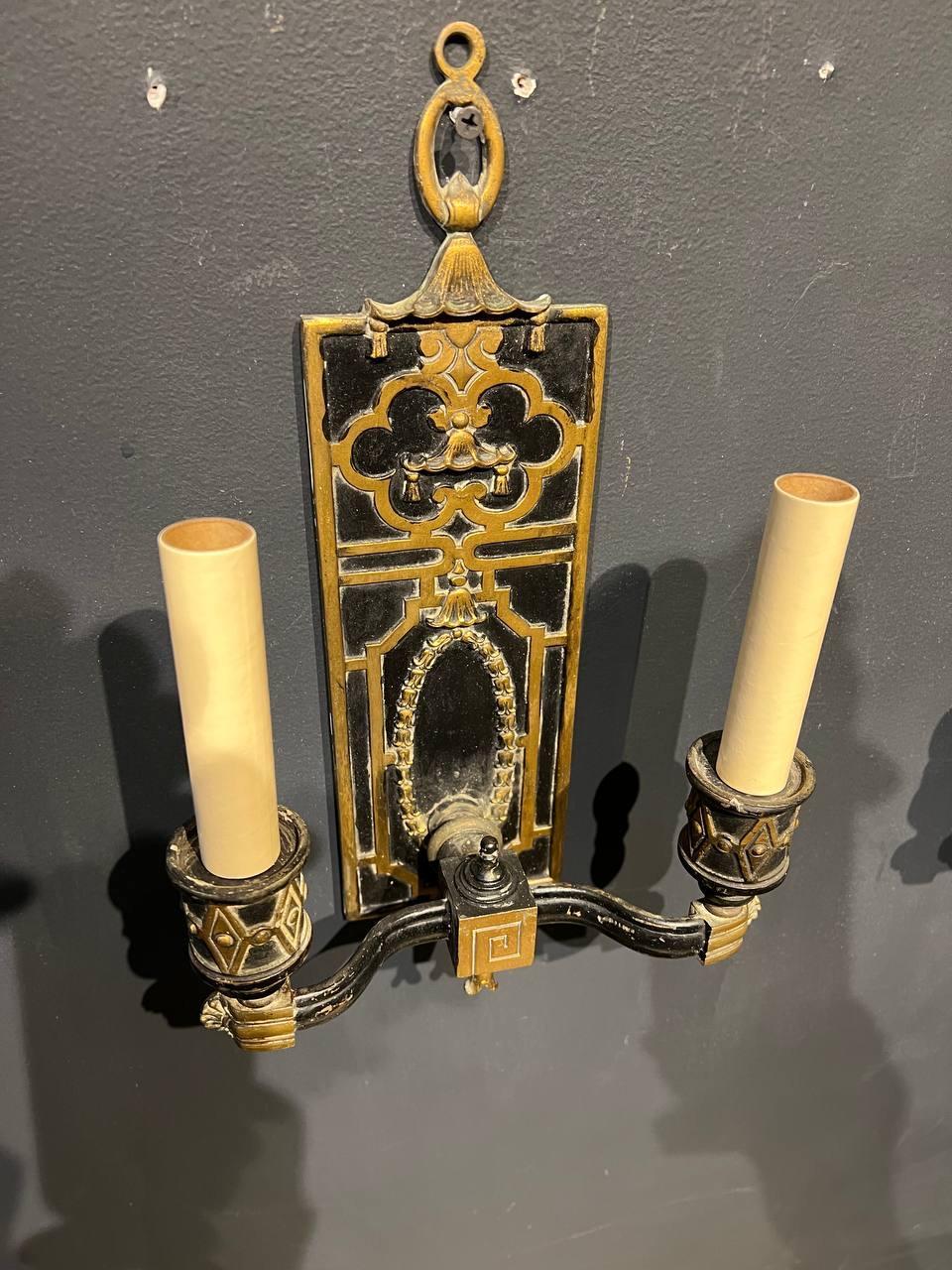 American 1930's Pagoda Shape Bronze Black and Gold Sconces For Sale