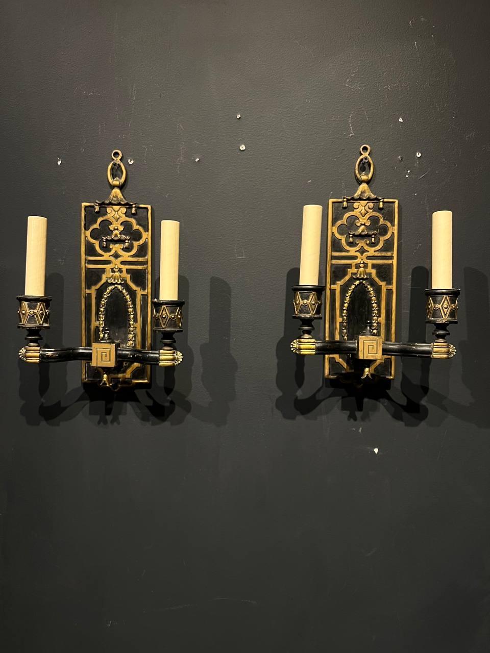 Early 20th Century 1930's Pagoda Shape Bronze Black and Gold Sconces For Sale