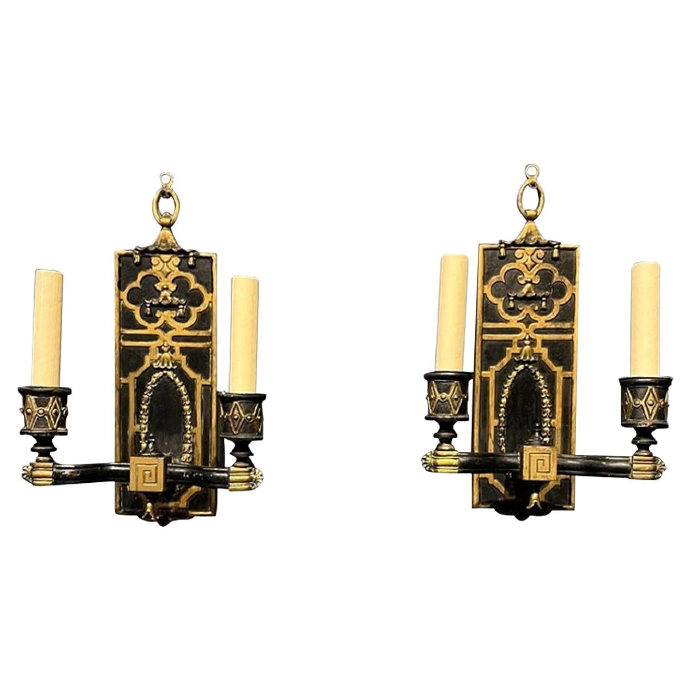 1930's Pagoda Shape Bronze Black and Gold Sconces For Sale