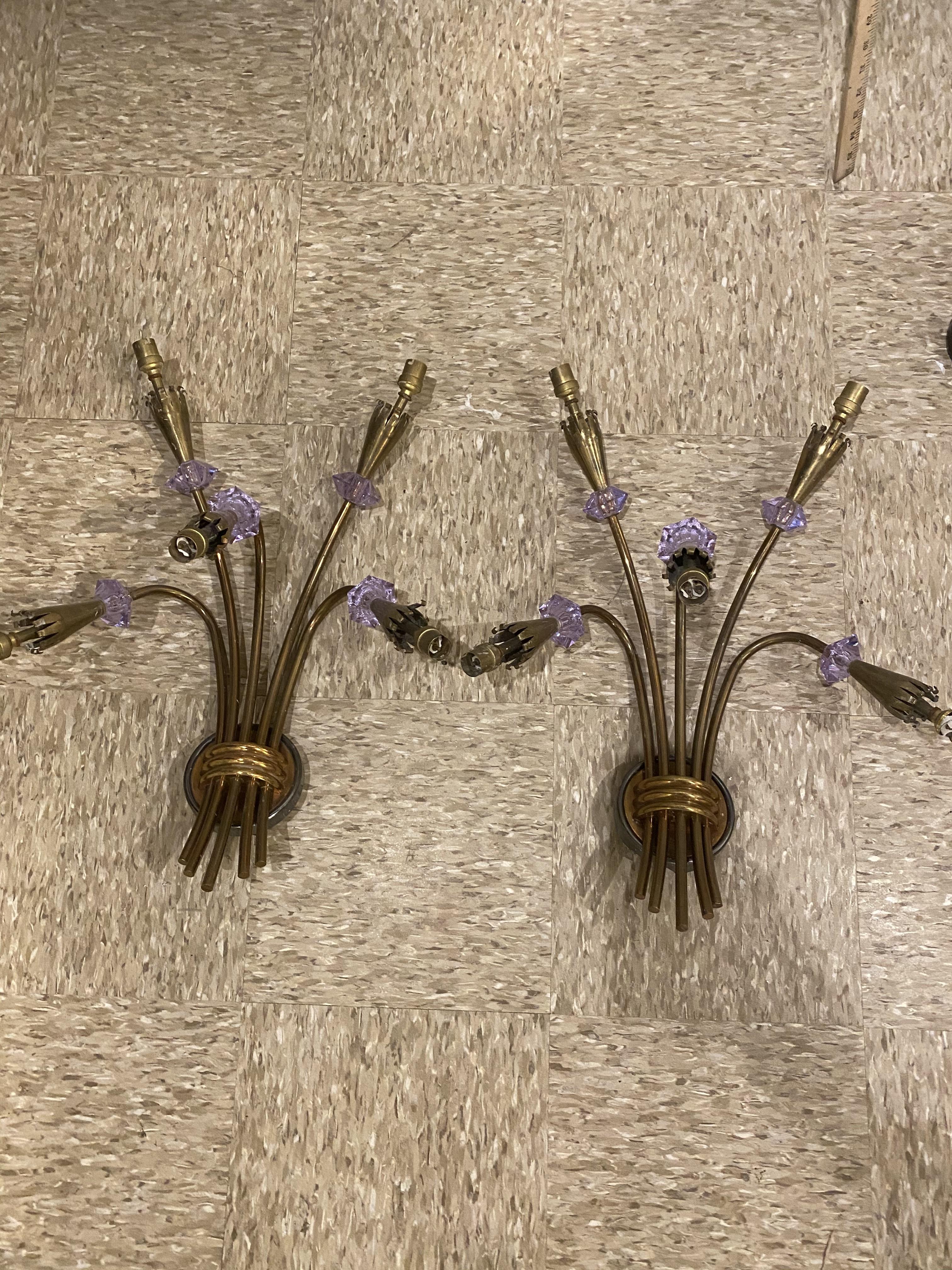 A pair of circa 1930's French tulips shaped sconces with amethyst crystals