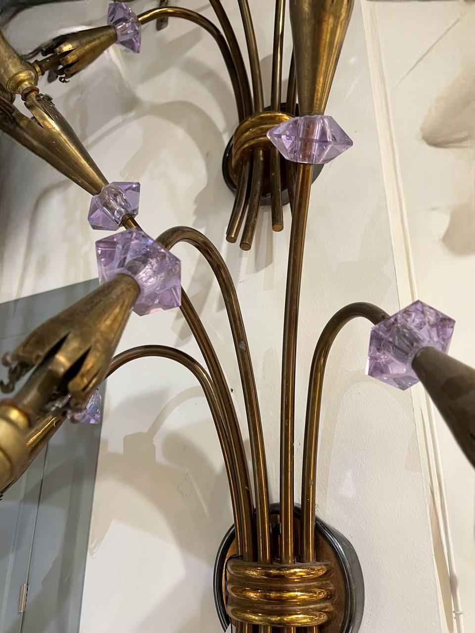 1930's French 5 Lights Tulips Sconces with Amethyst Crystals In Good Condition For Sale In New York, NY