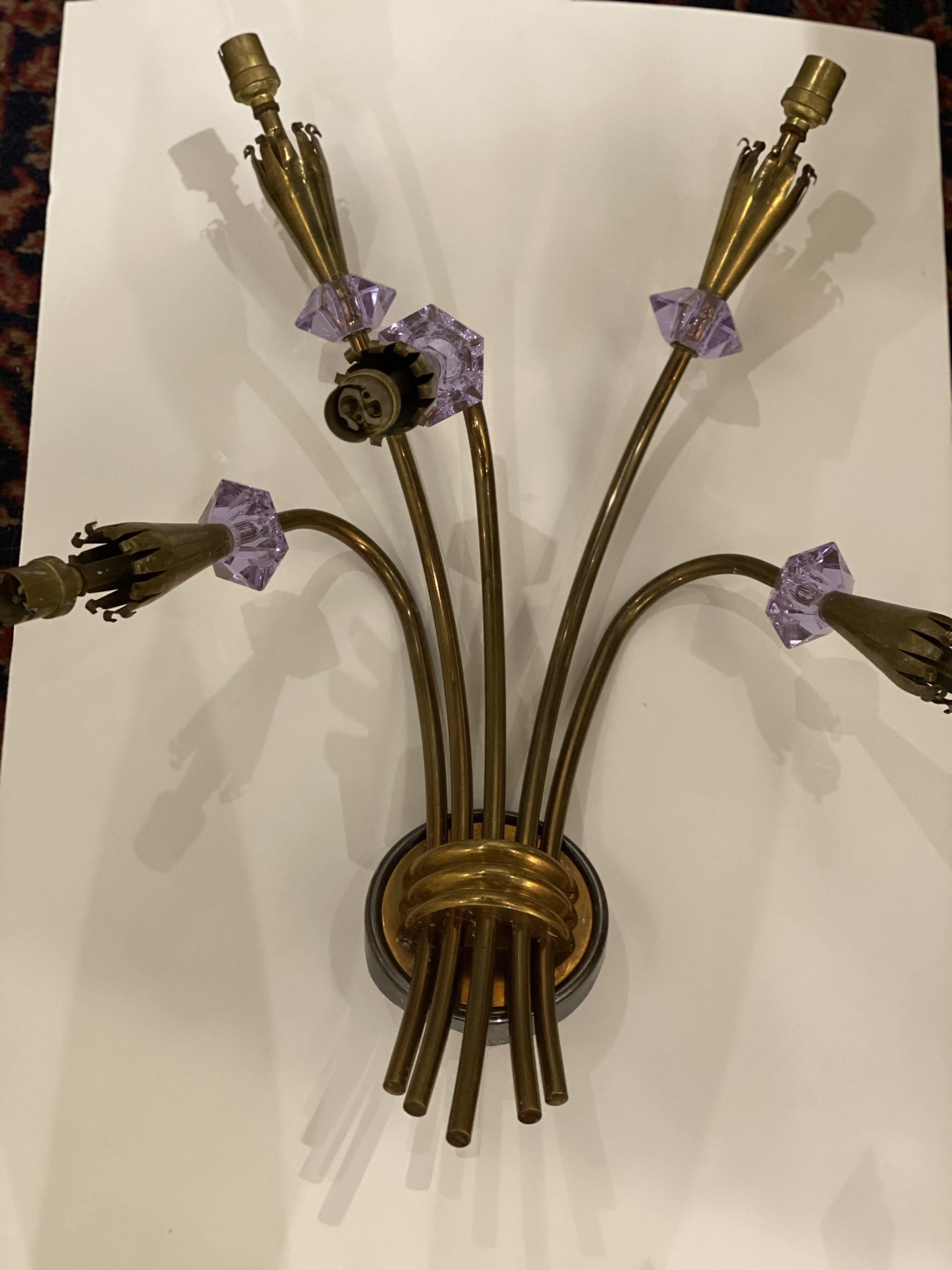 French Provincial 1930's French 5 Lights Tulips Sconces with Amethyst Crystals For Sale