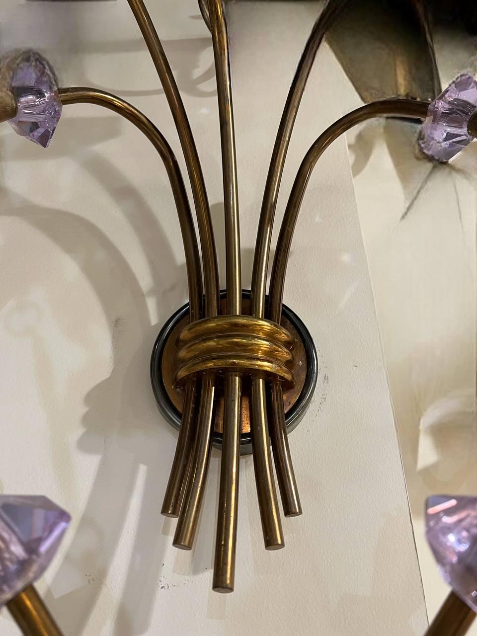 Brass 1930's French 5 Lights Tulips Sconces with Amethyst Crystals For Sale