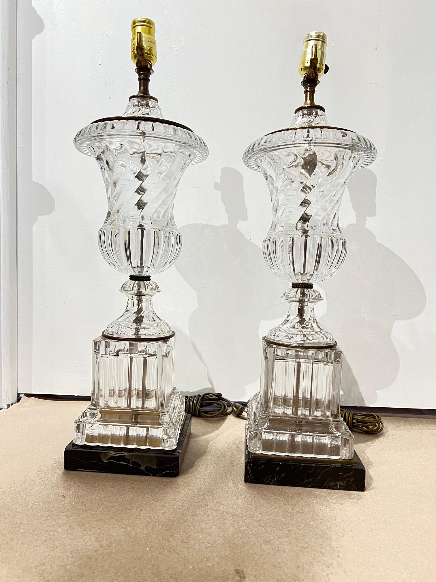 French Provincial 1940's Paul Hanson Urn Shaped Crystal Table Lamps - Pair For Sale