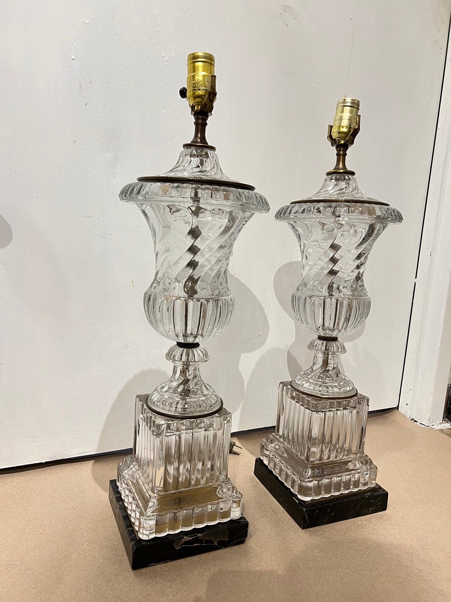 1940's Paul Hanson Urn Shaped Crystal Table Lamps - Pair In Good Condition For Sale In New York, NY