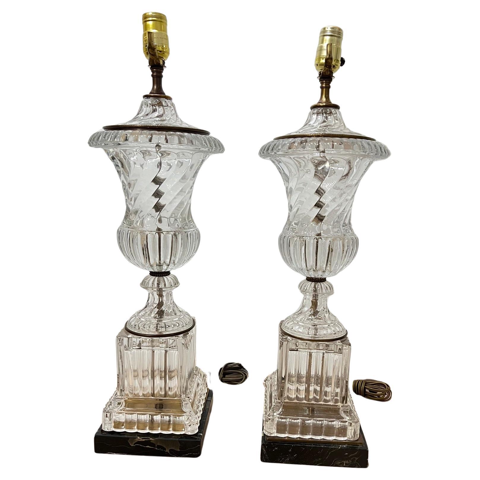 1940's Paul Hanson Urn Shaped Crystal Table Lamps - Pair