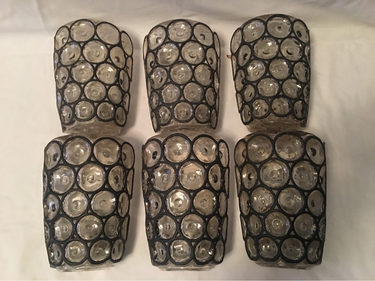 A Pair of Circle Iron and Bubble Glass Sconces by Limburg, Germany  In Good Condition For Sale In Frisco, TX