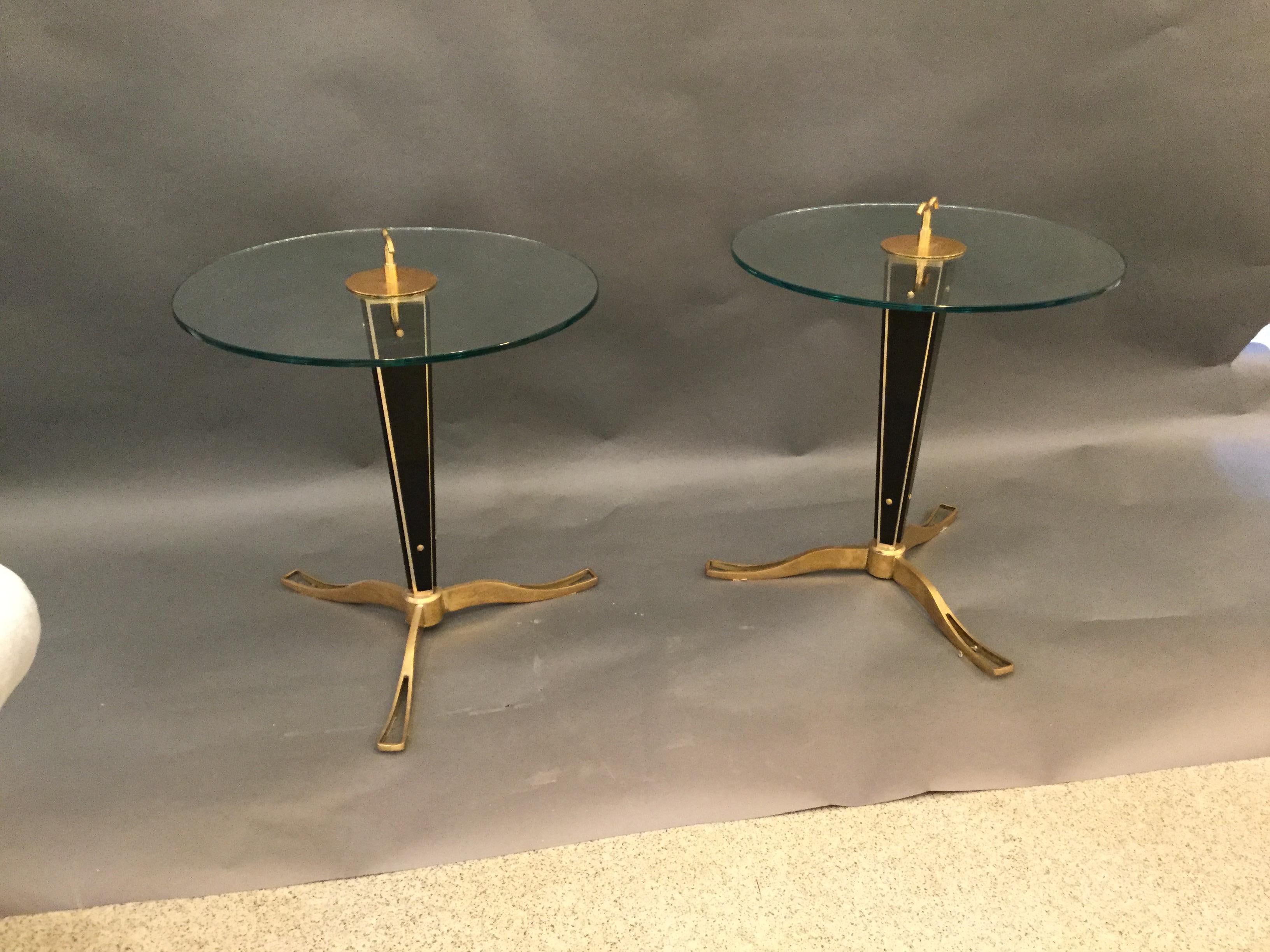 Mid-Century Modern Pair of Circular Italian Designed Cocktail Tables on Bronze Tripod Legs