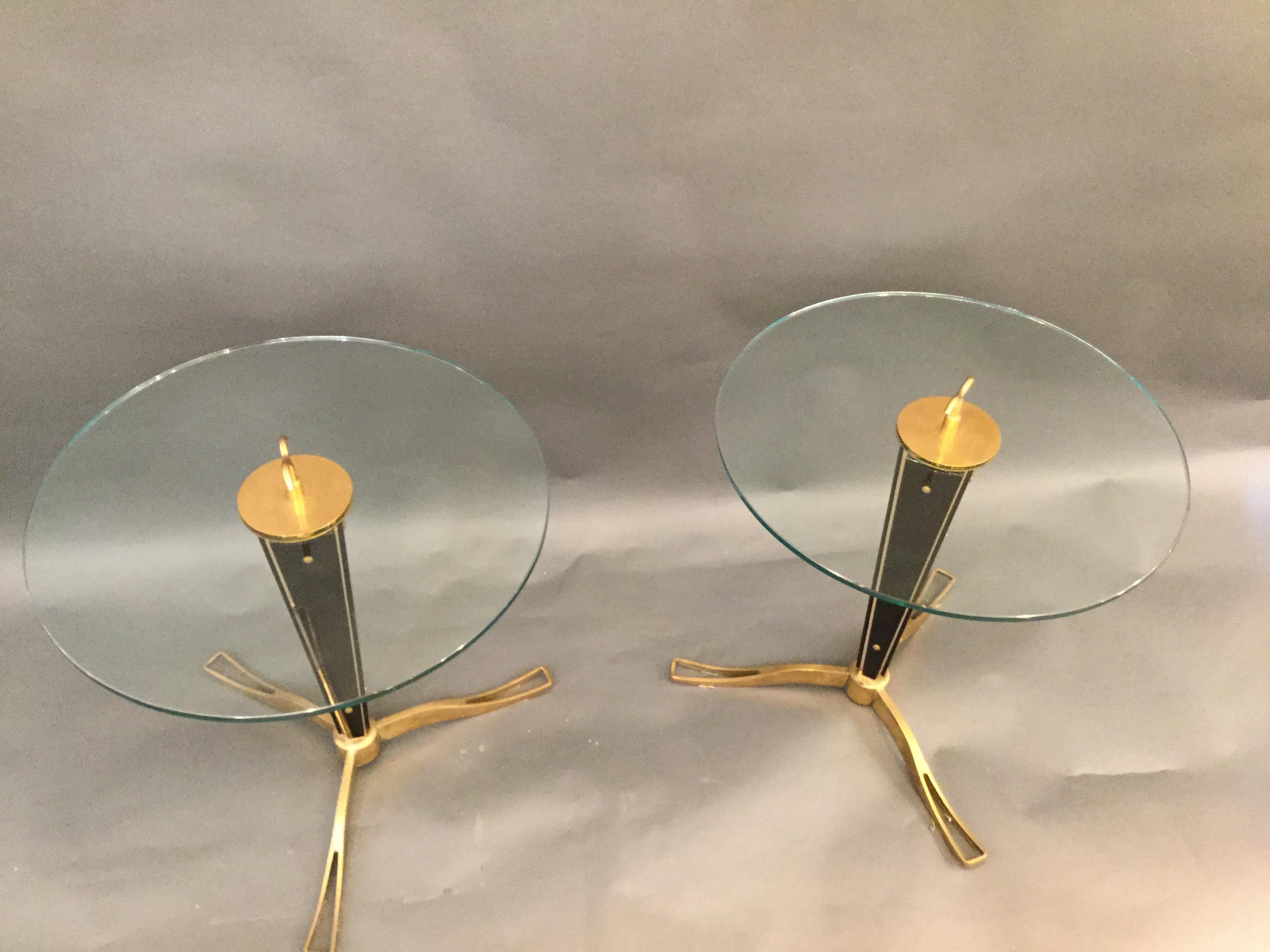 Mid-20th Century Pair of Circular Italian Designed Cocktail Tables on Bronze Tripod Legs