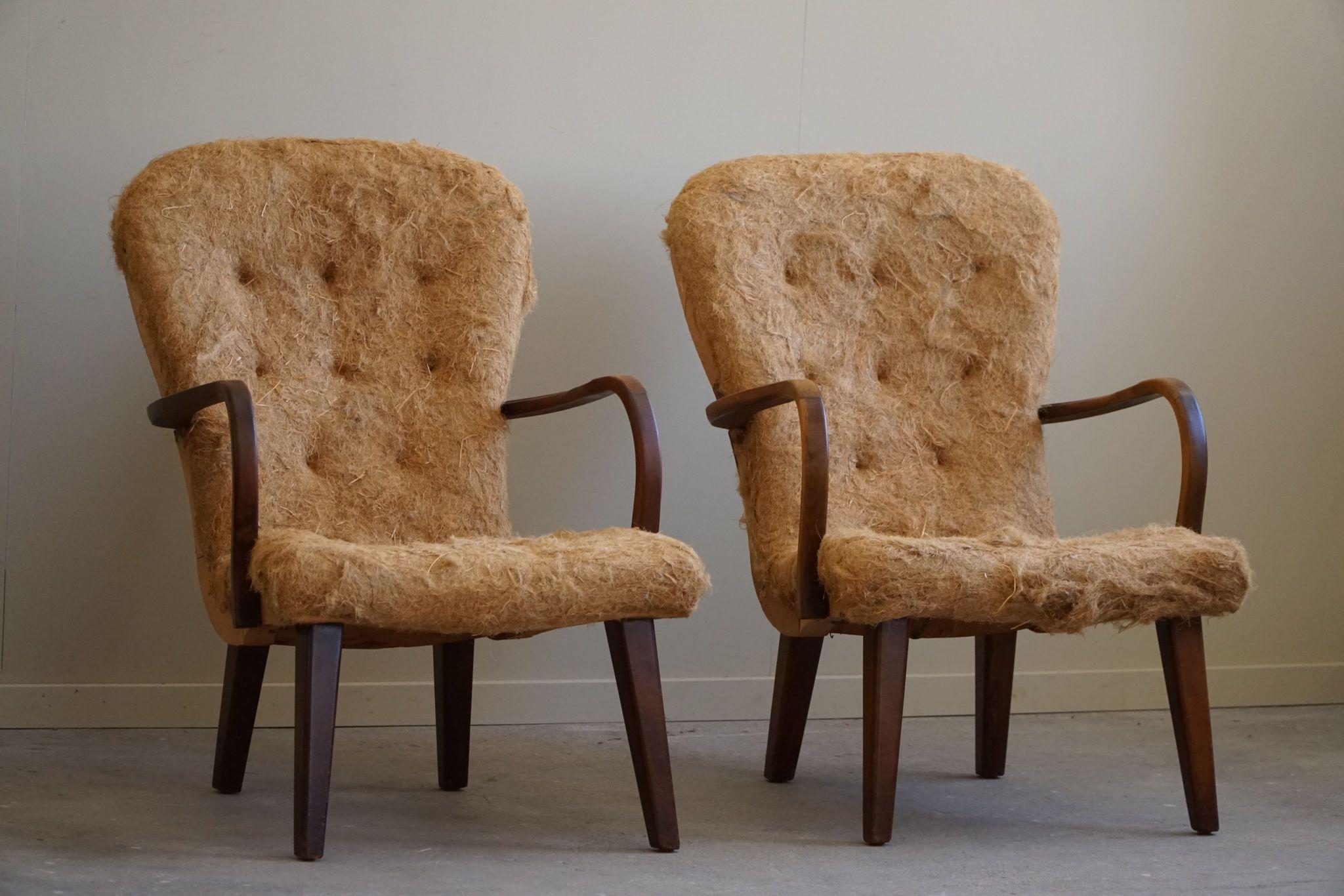 Linen A Pair of Clam Lounge Chairs, Danish Mid Century Modern, Made in the 1950s