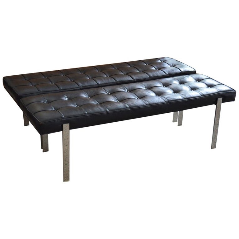Classic Black Leather And Steel Benches, Black Leather Benches