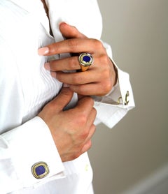 Vintage Cufflinks with Lapis Lazuli in Bimetal 18 Carat White & Yellow Gold