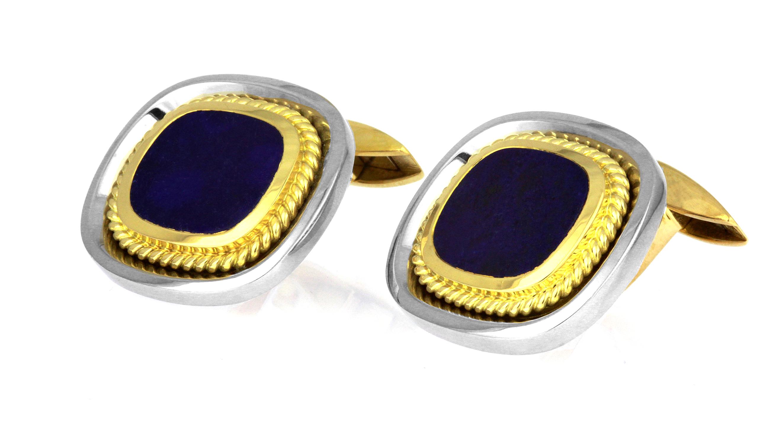 Oval Cut Vintage Cufflinks with Lapis Lazuli in Bimetal 18 Carat White & Yellow Gold For Sale