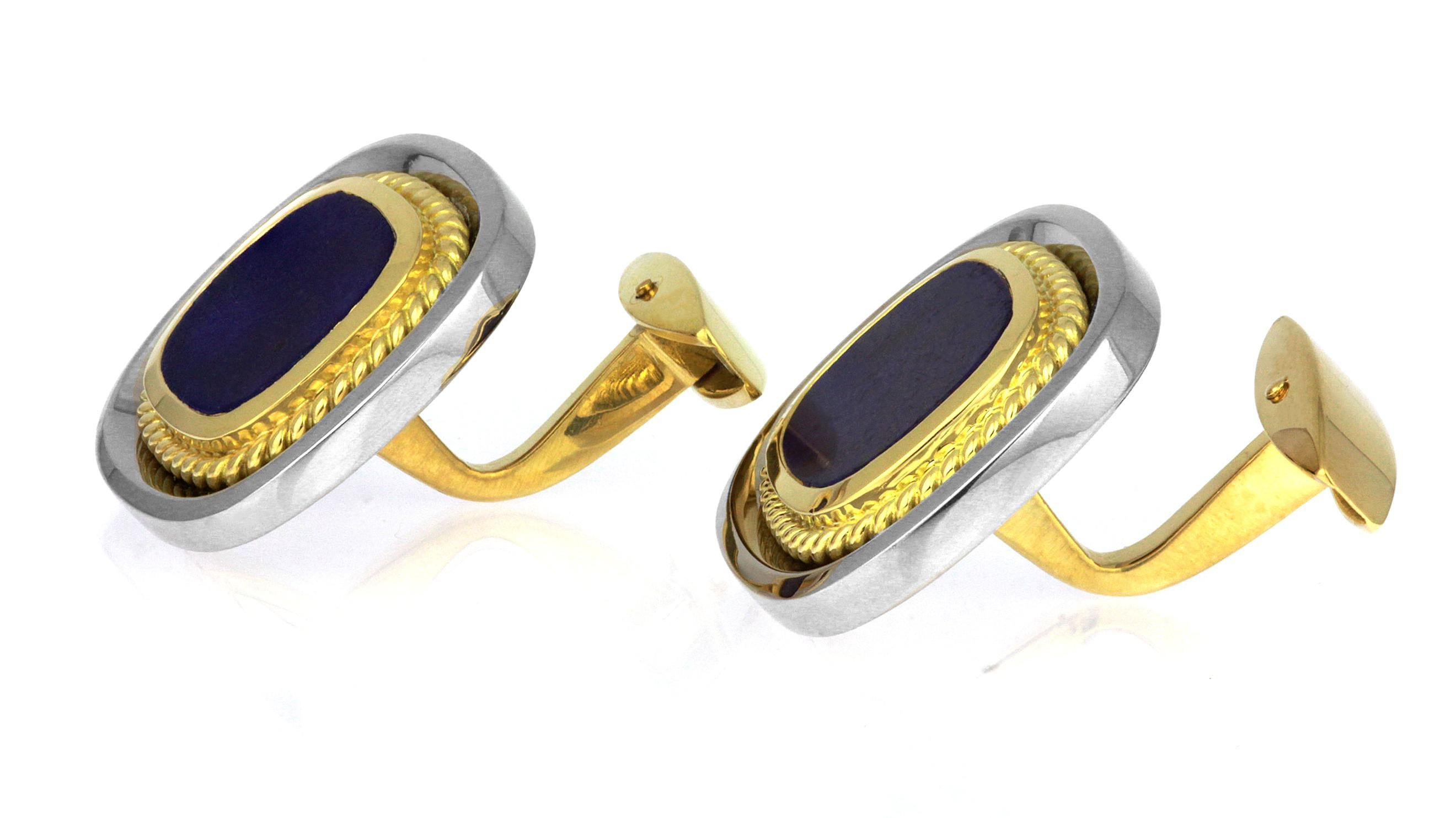Vintage Cufflinks with Lapis Lazuli in Bimetal 18 Carat White & Yellow Gold In Excellent Condition For Sale In London, GB
