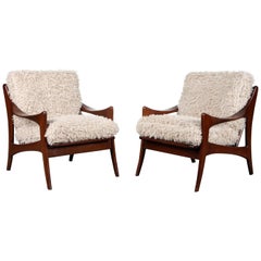 Pair of Classic Mahogany Open Arm Lounge Chairs Upholstered in Fur Material