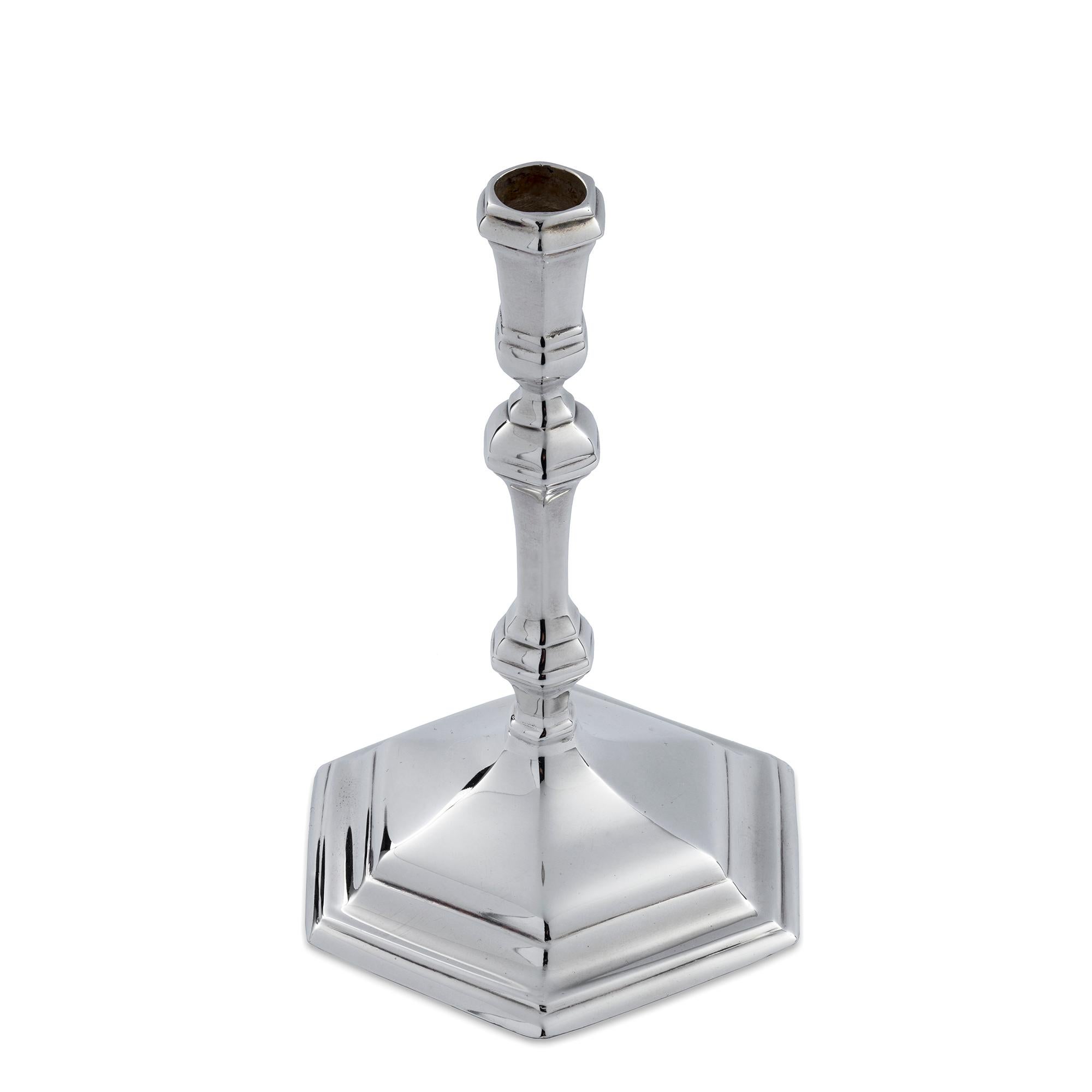 A pair of sterling silver Georgian style cast taper candlesticks with hexagonal base, gross weight 5.45ozs,(169.72gms), height, 4.5