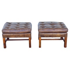 A Pair Of Classic Upholstered Stools In Brown Leather Ca' 1970's