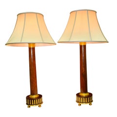 Pair of Classical French Empire Mahogany Column Lamps with Gilt Bronze Trim