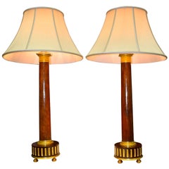 Pair of Classical French Empire Mahogany Column Lamps with Gilt Bronze Trim