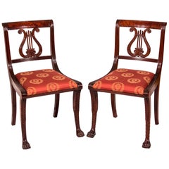 Antique Pair of Classical Lyre-Back Mahogany Side Chairs with Paw Feet, Phyfe school