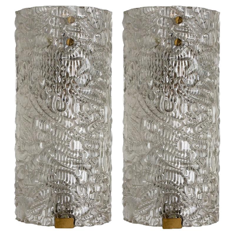 A pair of Clear Bubbled Glass Wall Light Fixtures by Hillebrand, Germany, 1960s For Sale