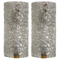 Retro A pair of Clear Bubbled Glass Wall Light Fixtures by Hillebrand, Germany, 1960s