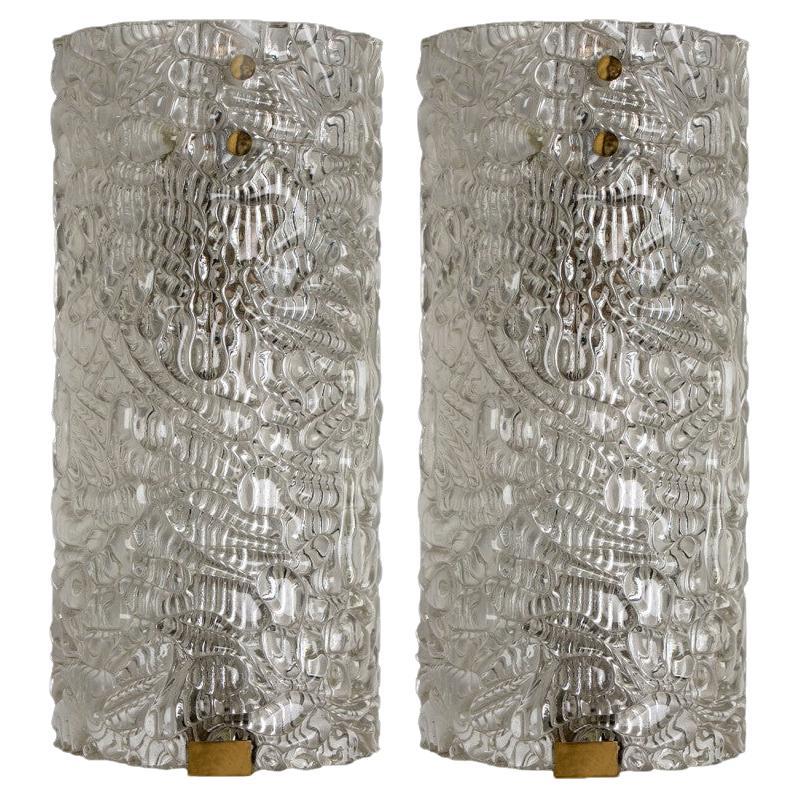A pair of Clear Bubbled Glass Wall Light Fixtures by Hillebrand, Germany, 1960s