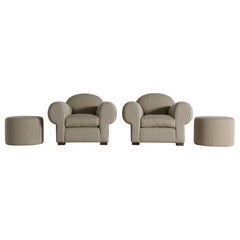 A Pair of Club Chairs and Ottomans, Upholstered in Striped Fabric
