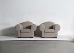 A Pair of Club Chairs, Upholstered in Striped Fabric