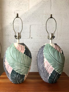 Pair of Coastal Style Carved Plaster Banana Leaves Table Lamps