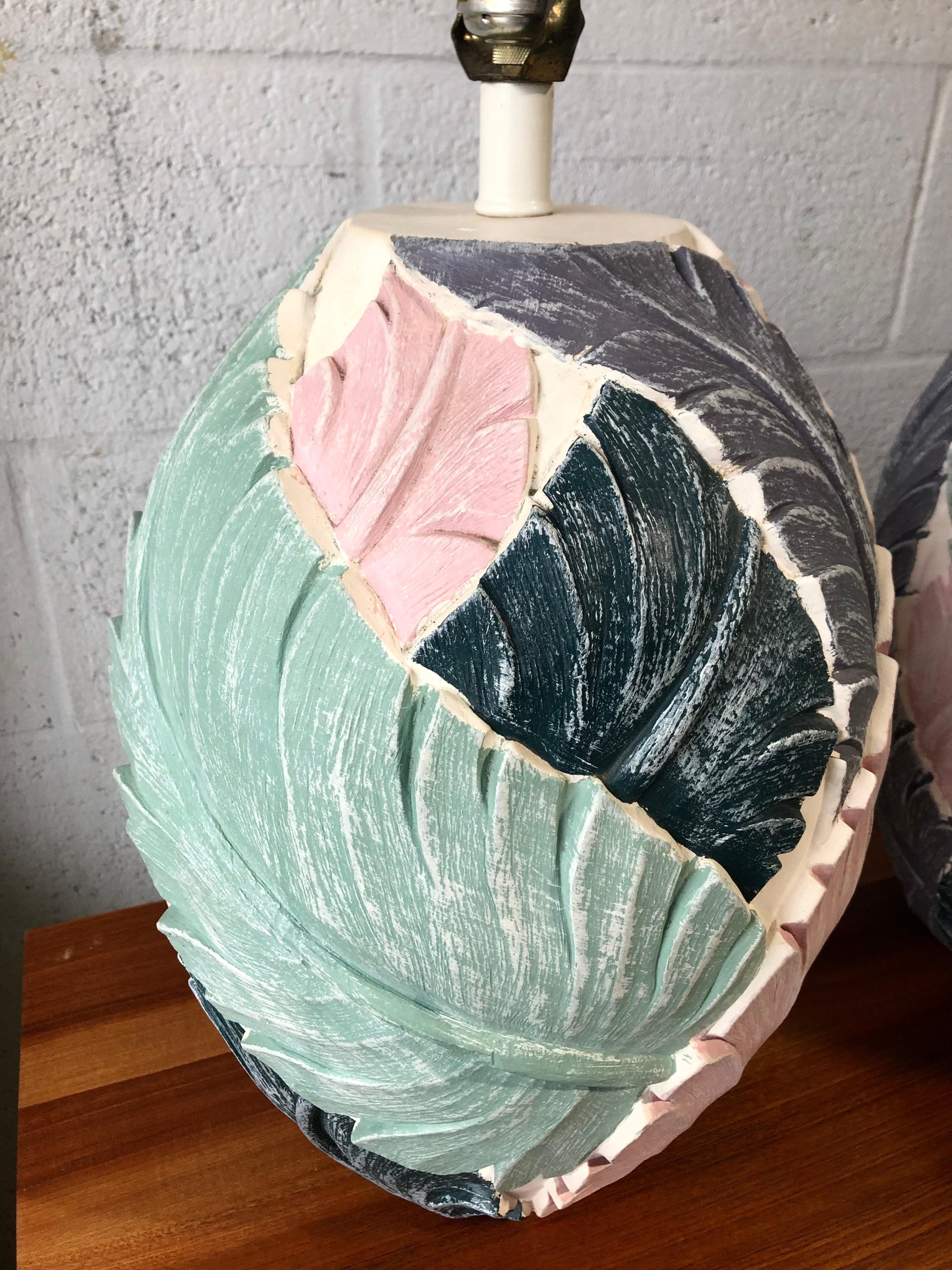 Pair of Coastal Style Carved Plaster Banana Leaves Table Lamps For Sale 1