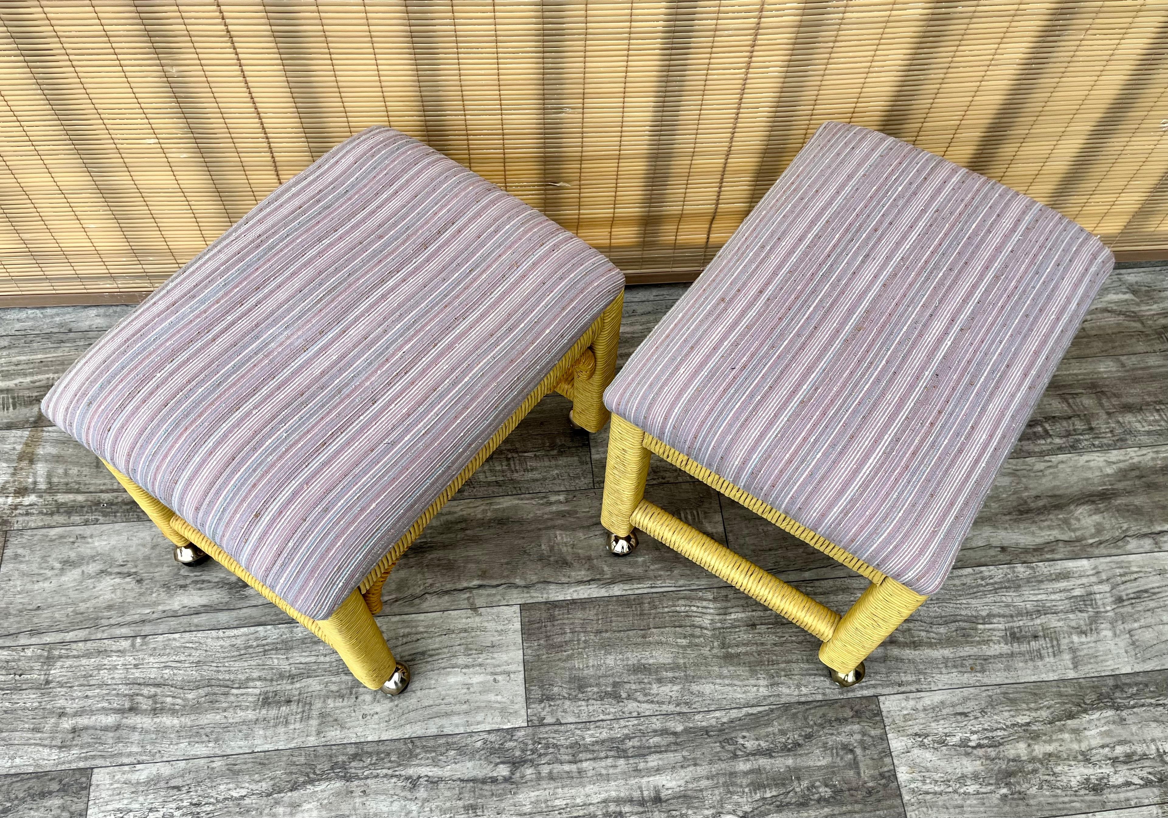 A Pair of Coastal Style Rolling Footstools on Casters by Henry Link Furniture. For Sale 4