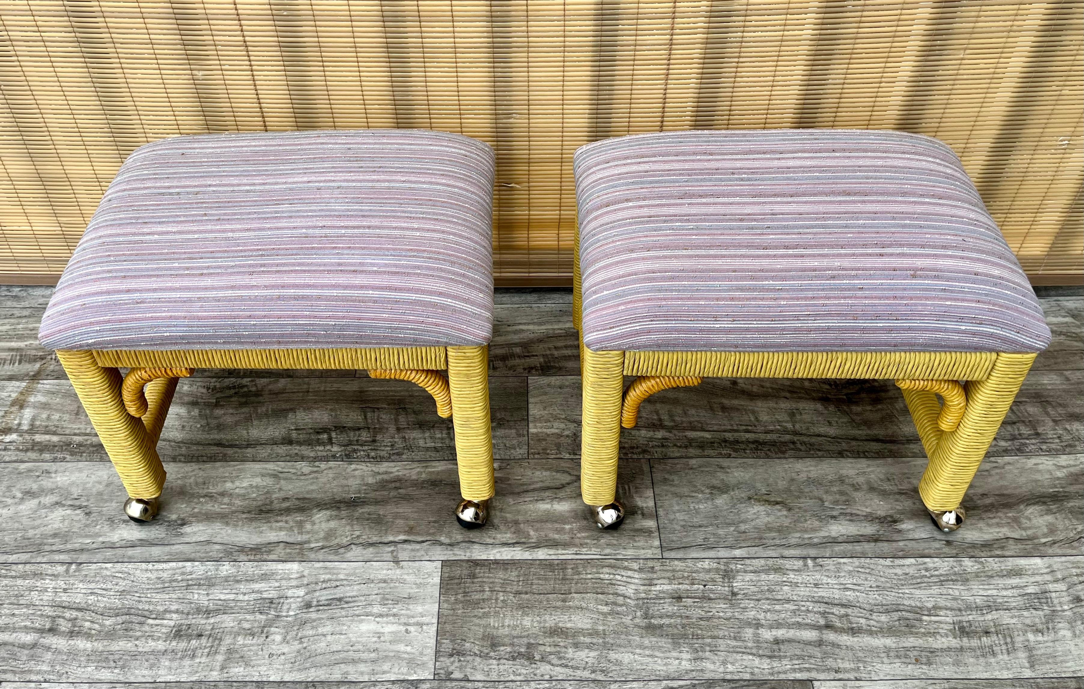 Bohemian A Pair of Coastal Style Rolling Footstools on Casters by Henry Link Furniture. For Sale