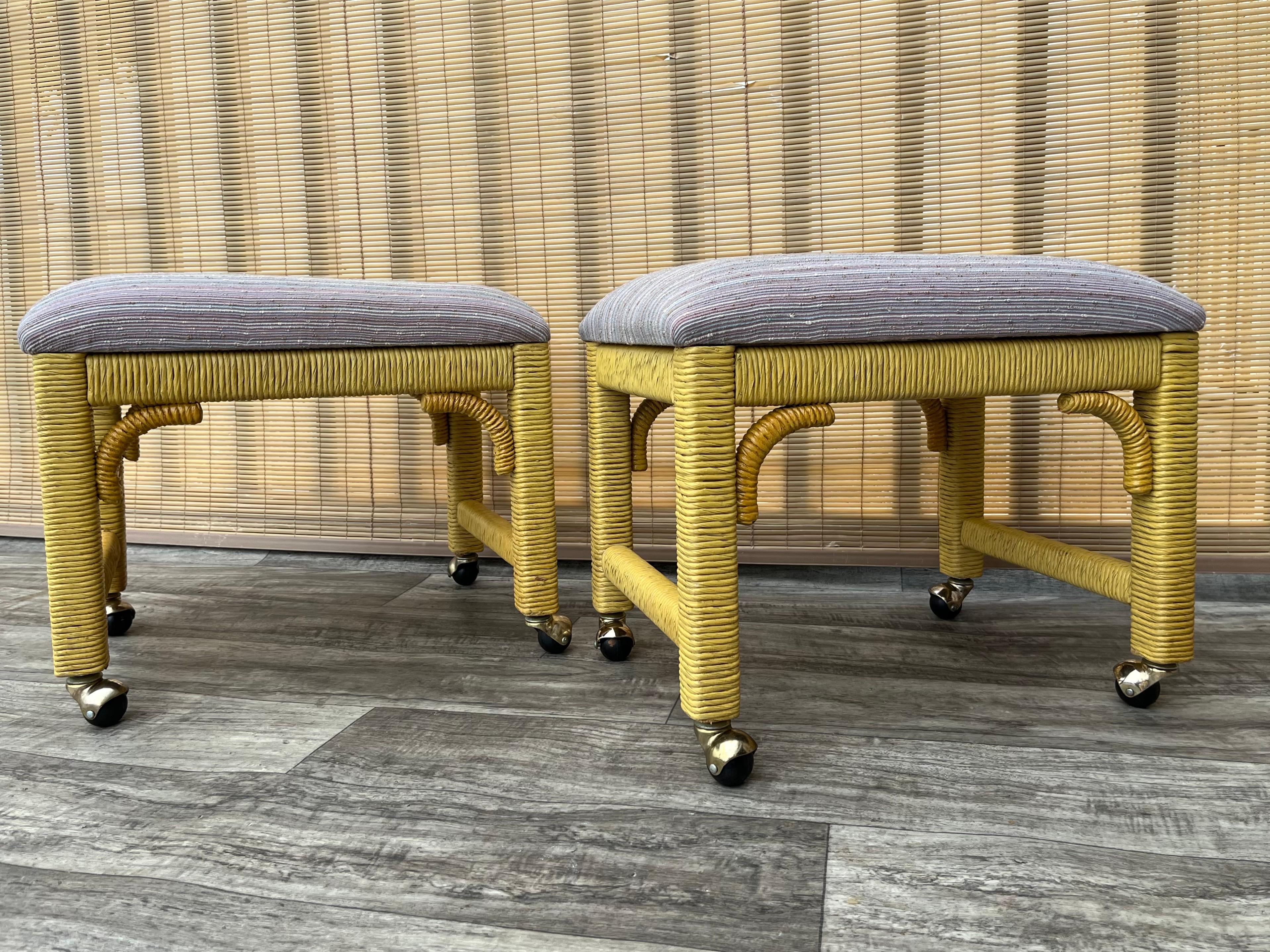 A Pair of Coastal Style Rolling Footstools on Casters by Henry Link Furniture. For Sale 2