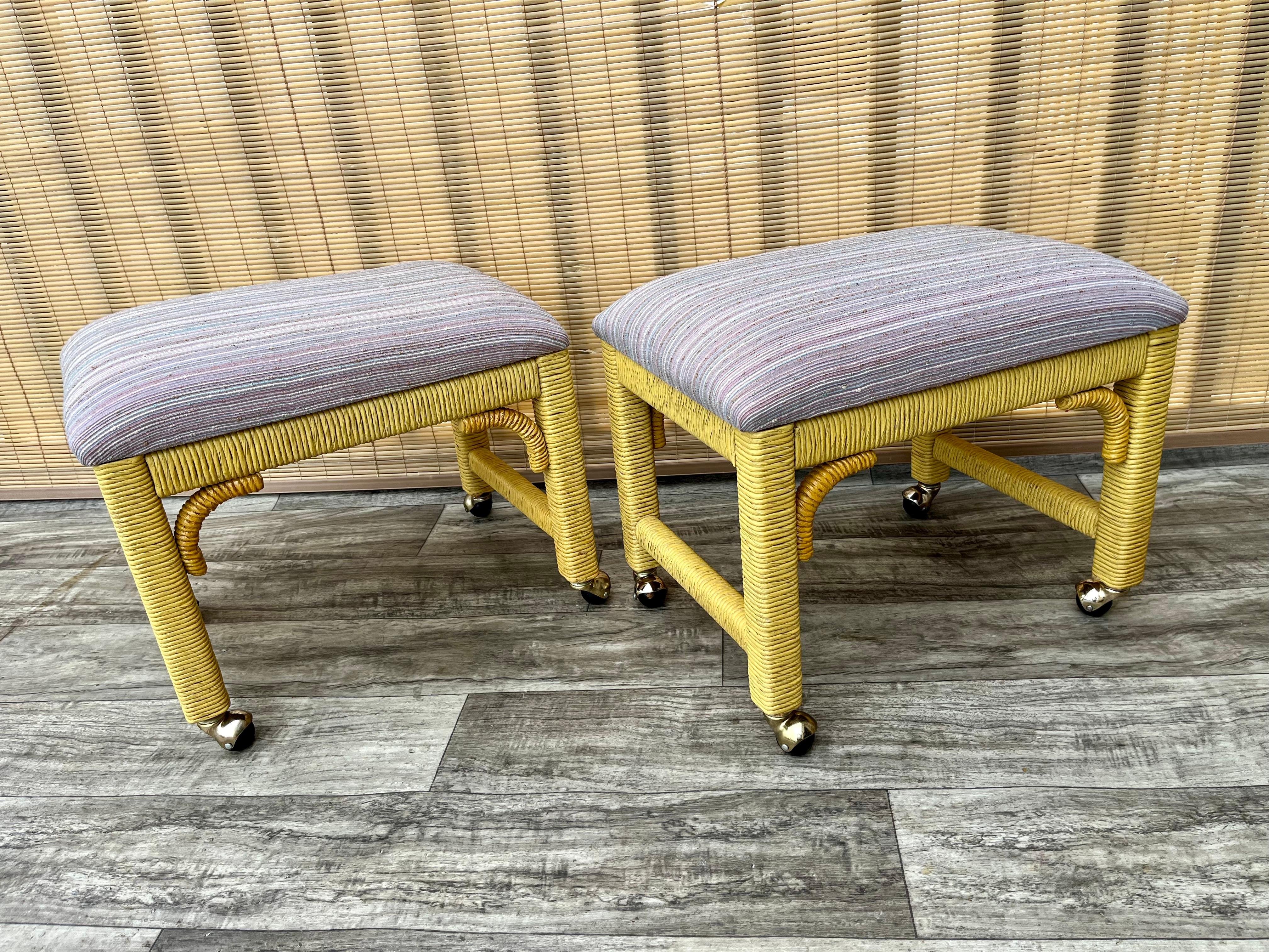 A Pair of Coastal Style Rolling Footstools on Casters by Henry Link Furniture. For Sale 3
