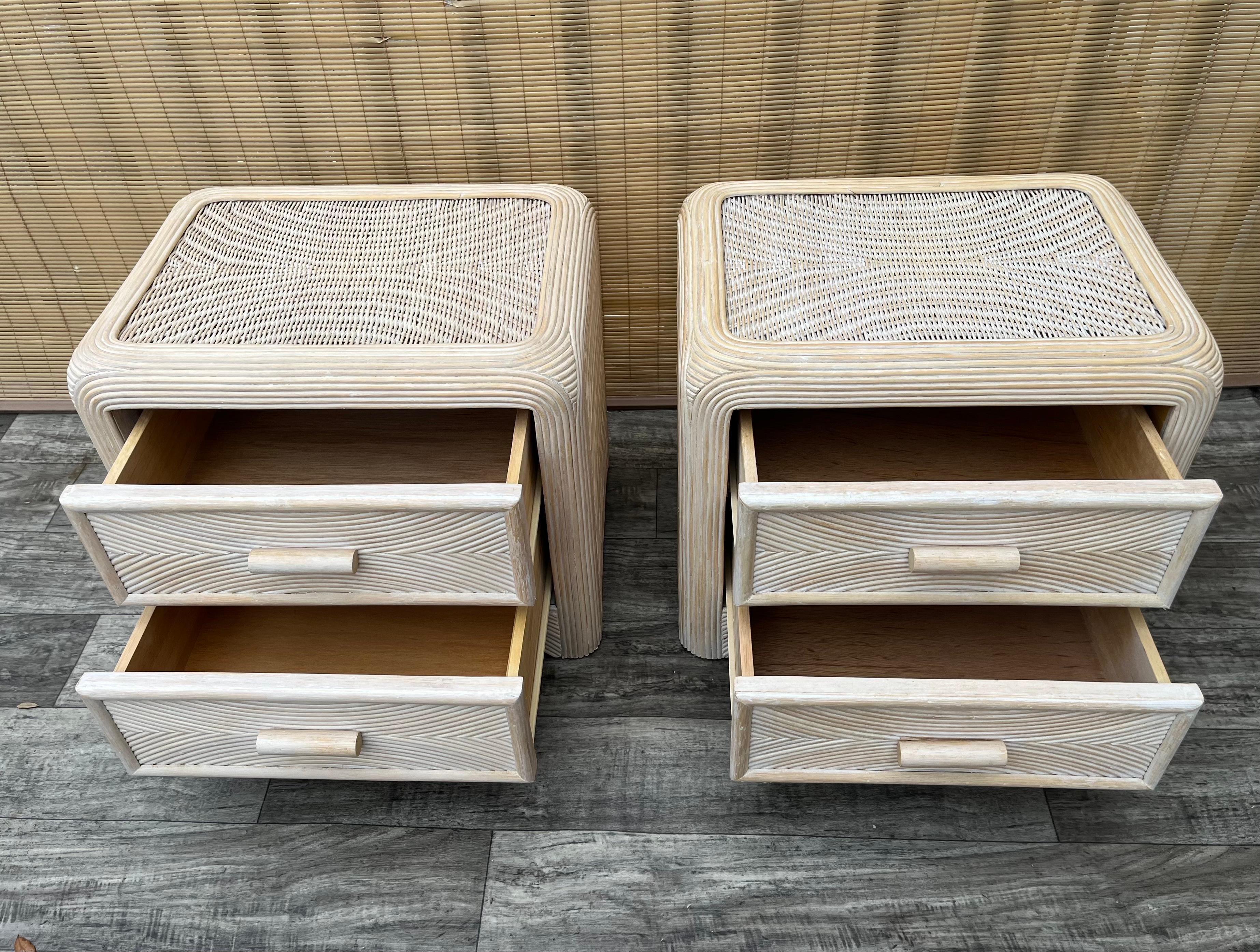 A Pair of Coastal Style Split Reed Rattan Nightstands. Circa 1980s  For Sale 3