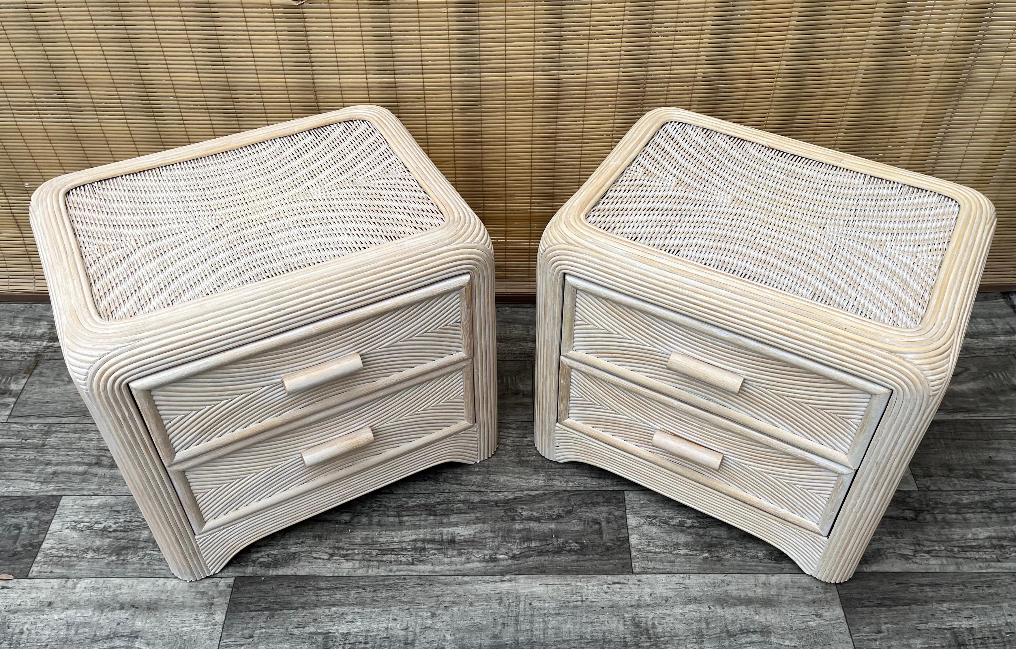 Bohemian A Pair of Coastal Style Split Reed Rattan Nightstands. Circa 1980s  For Sale