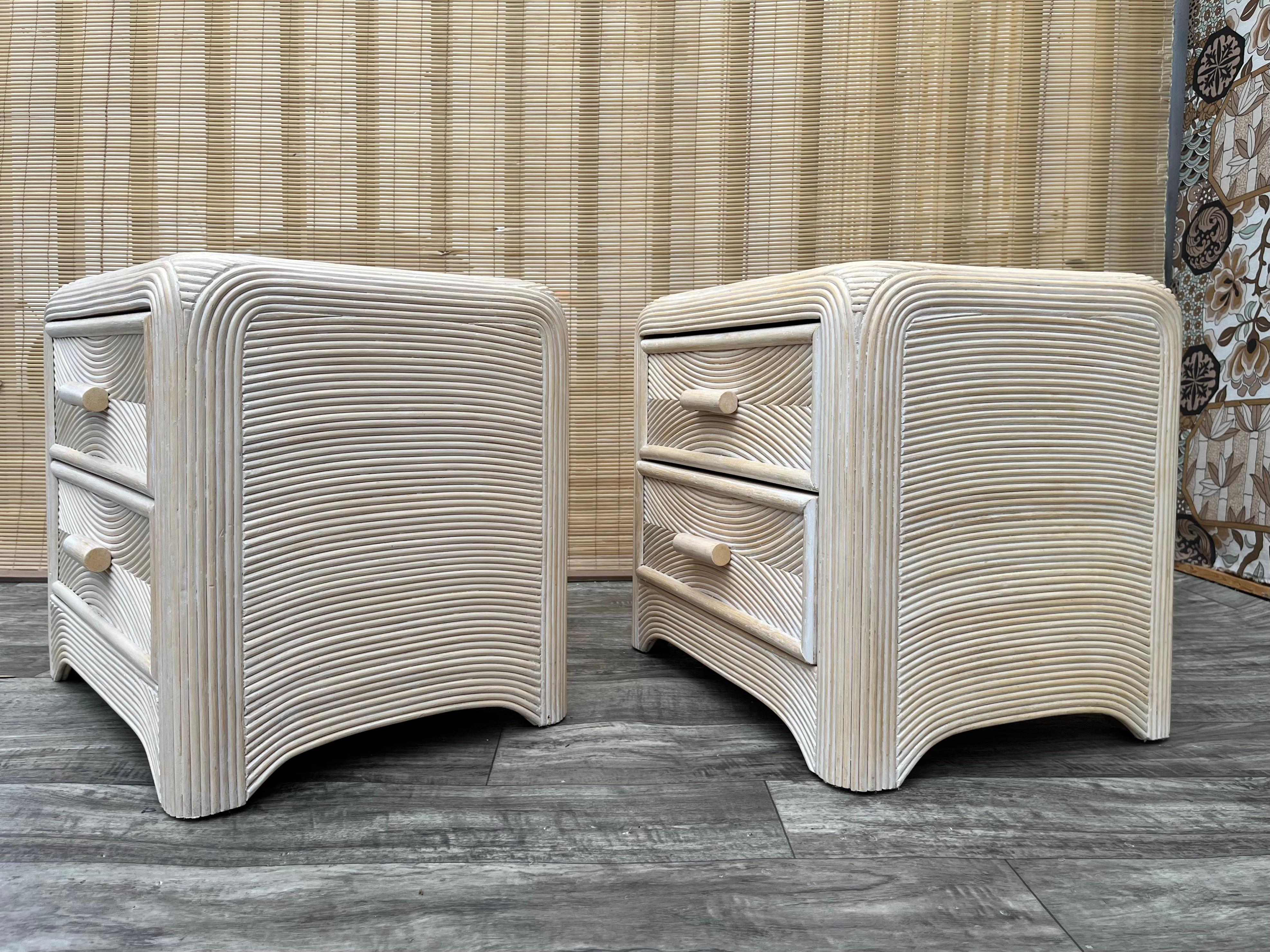 Late 20th Century A Pair of Coastal Style Split Reed Rattan Nightstands. Circa 1980s  For Sale