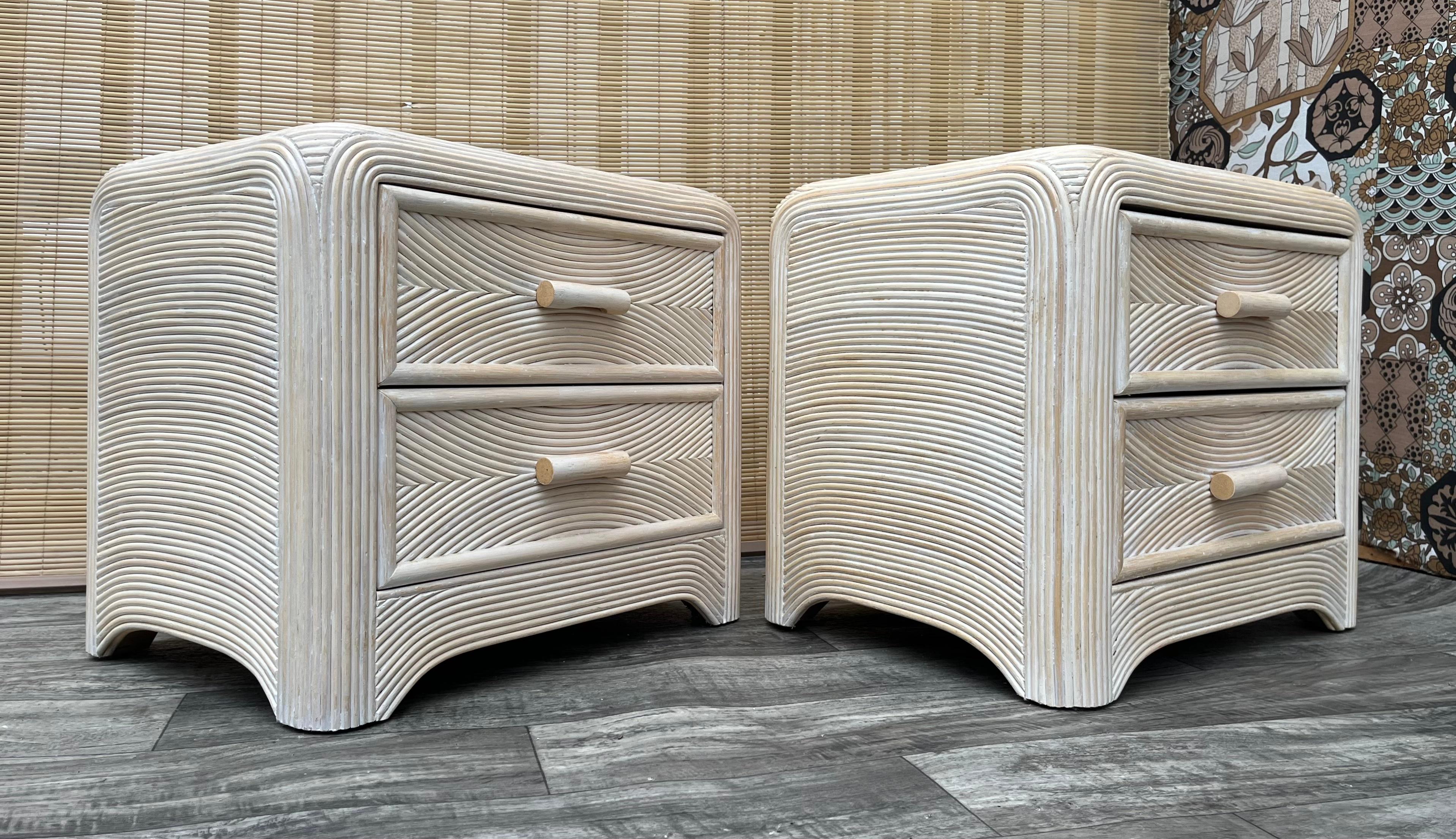 A Pair of Coastal Style Split Reed Rattan Nightstands. Circa 1980s  For Sale 2