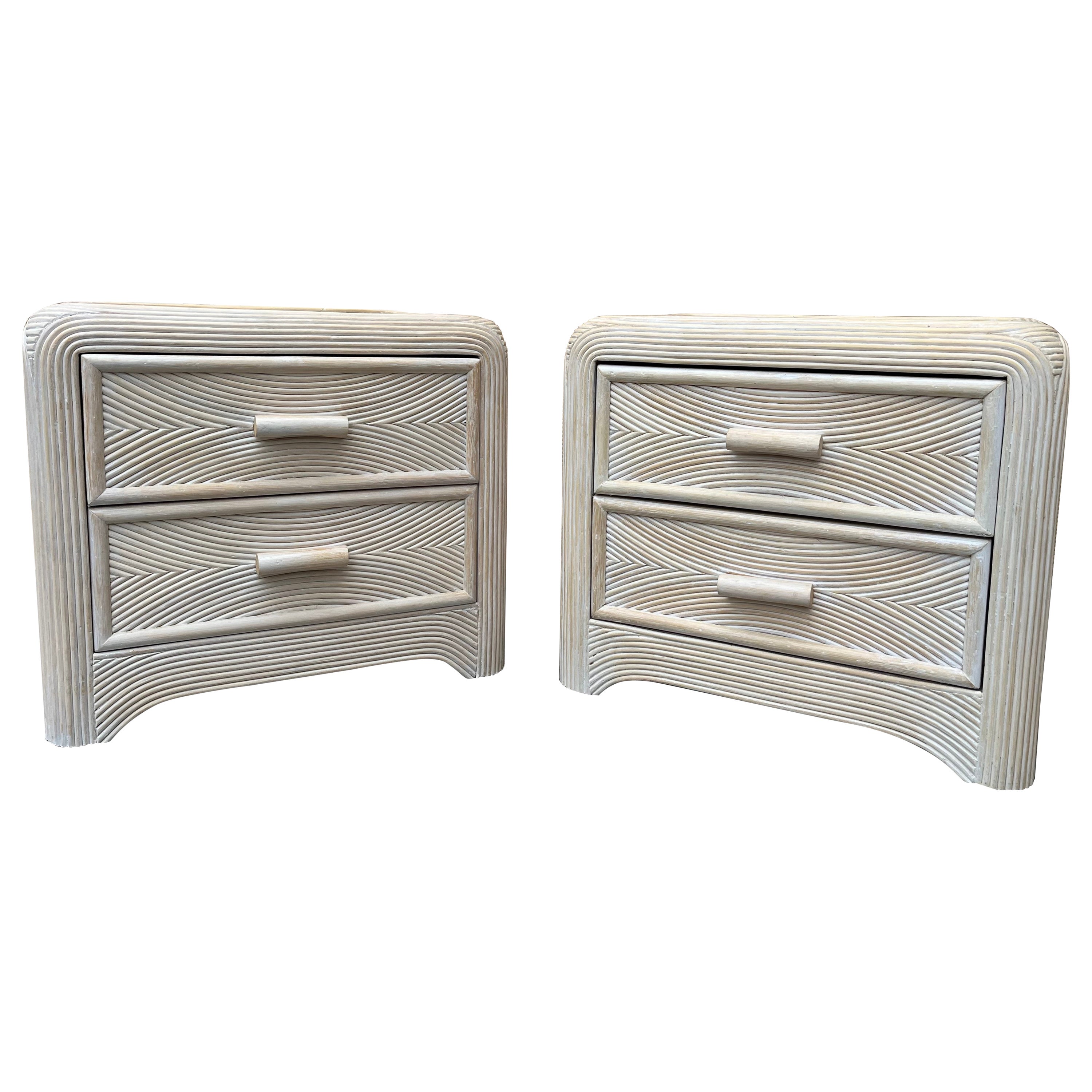 A Pair of Coastal Style Split Reed Rattan Nightstands. Circa 1980s