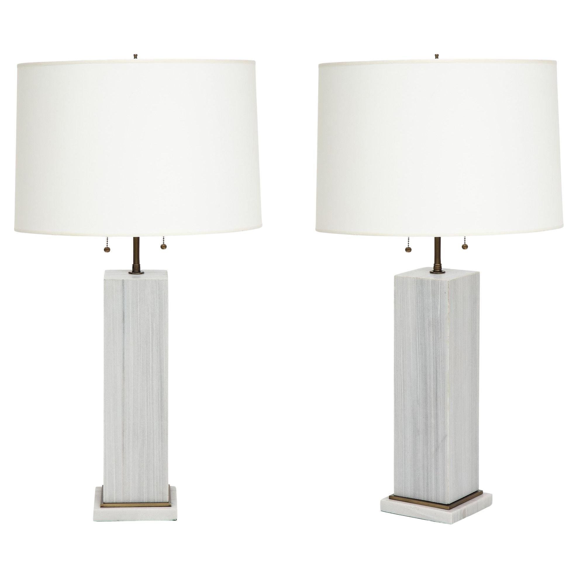 Pair of Column Shaped Lamps, "Silk Georgette"Marble, Contemporary