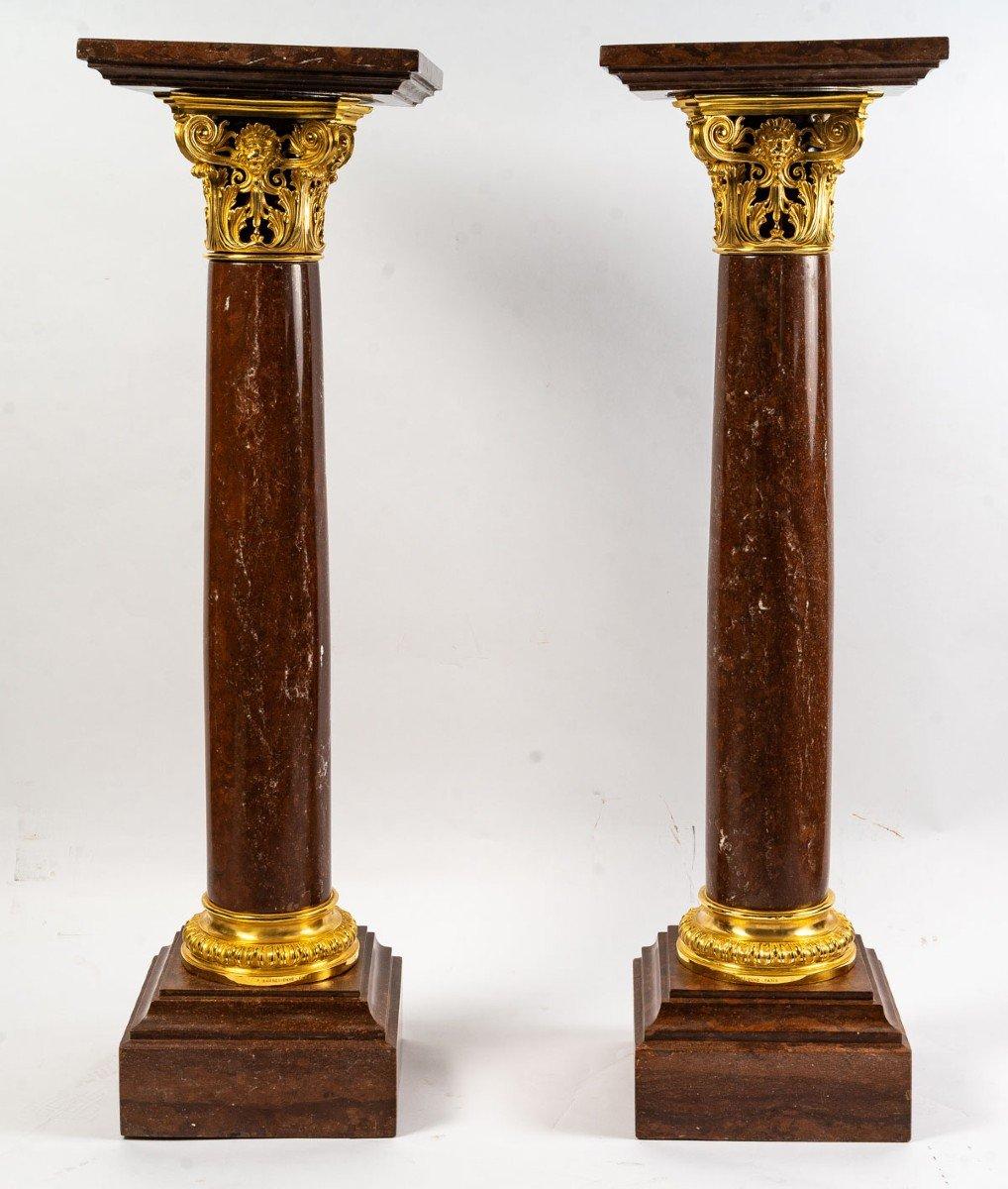 A pair of columns and candelabra vase 19th century
Pair of columns in griotte red marble signed by Barbedienne
with gilt bronze trim
Pair of red griotte marble vases and gilt bronze candelabras
Napoleon III style
End of the 19th century
Vases