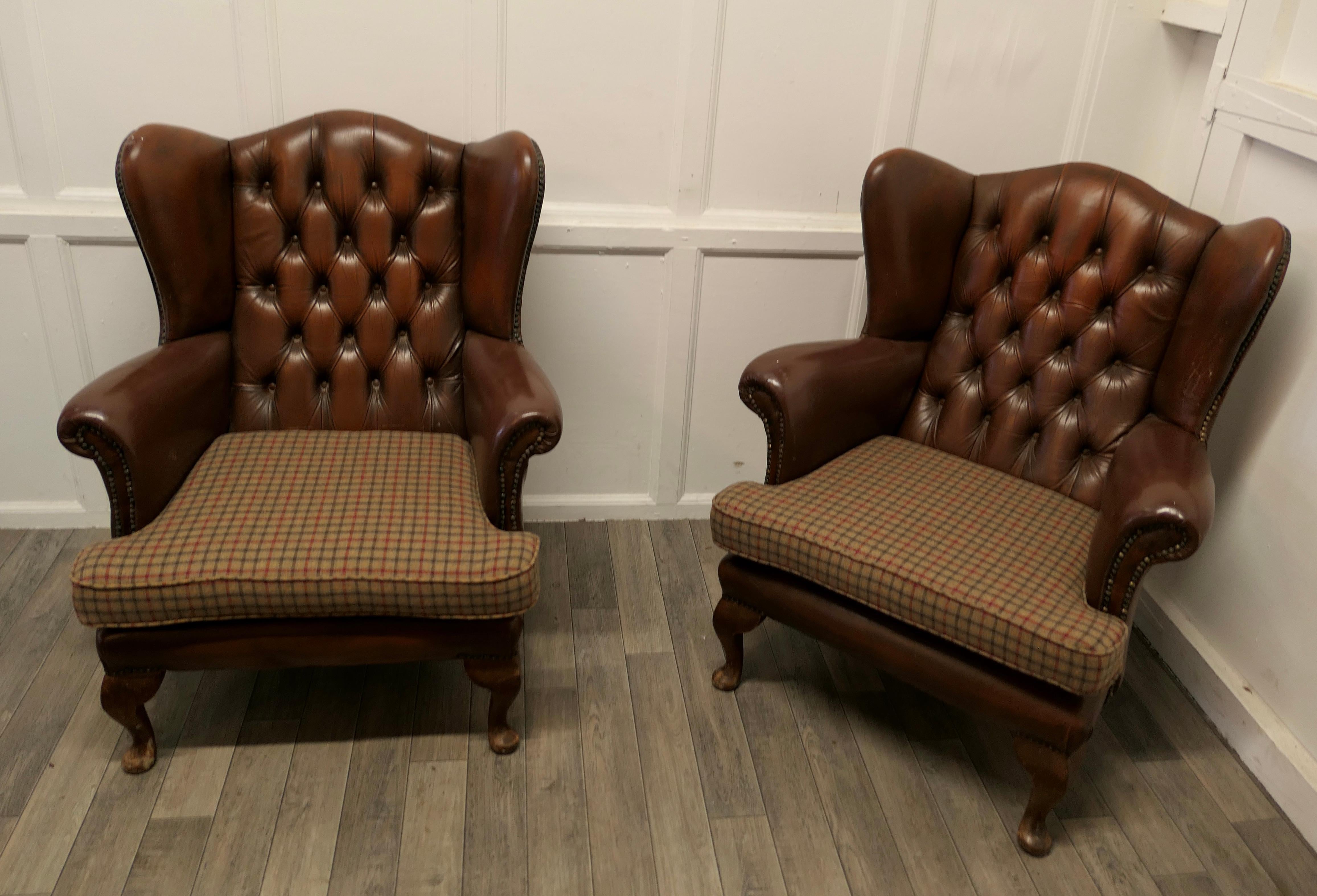 Queen Anne Pair of Comfortable wingback Leather Chesterfield Library Chairs