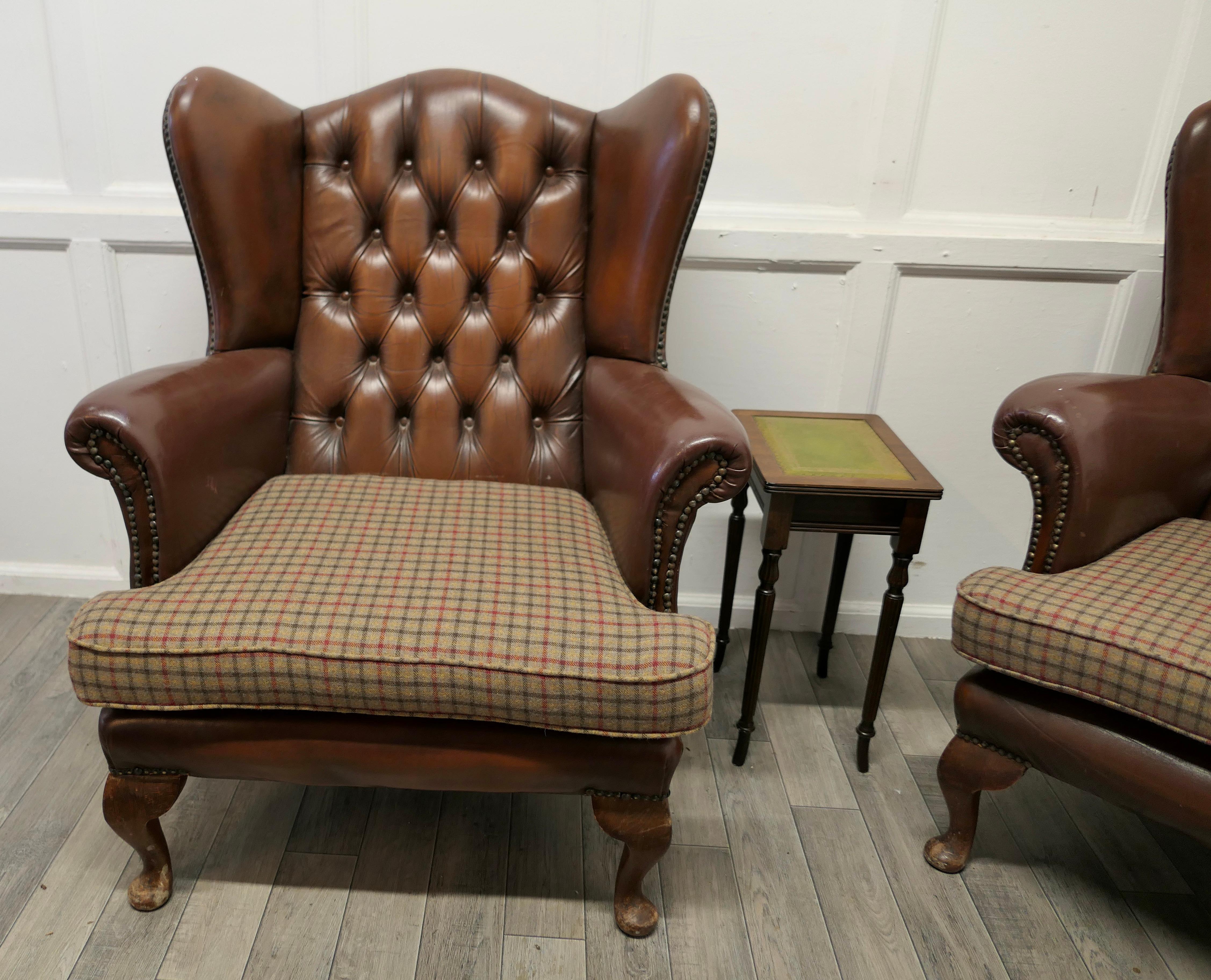 Pair of Comfortable wingback Leather Chesterfield Library Chairs 1