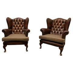 Pair of Comfortable wingback Leather Chesterfield Library Chairs