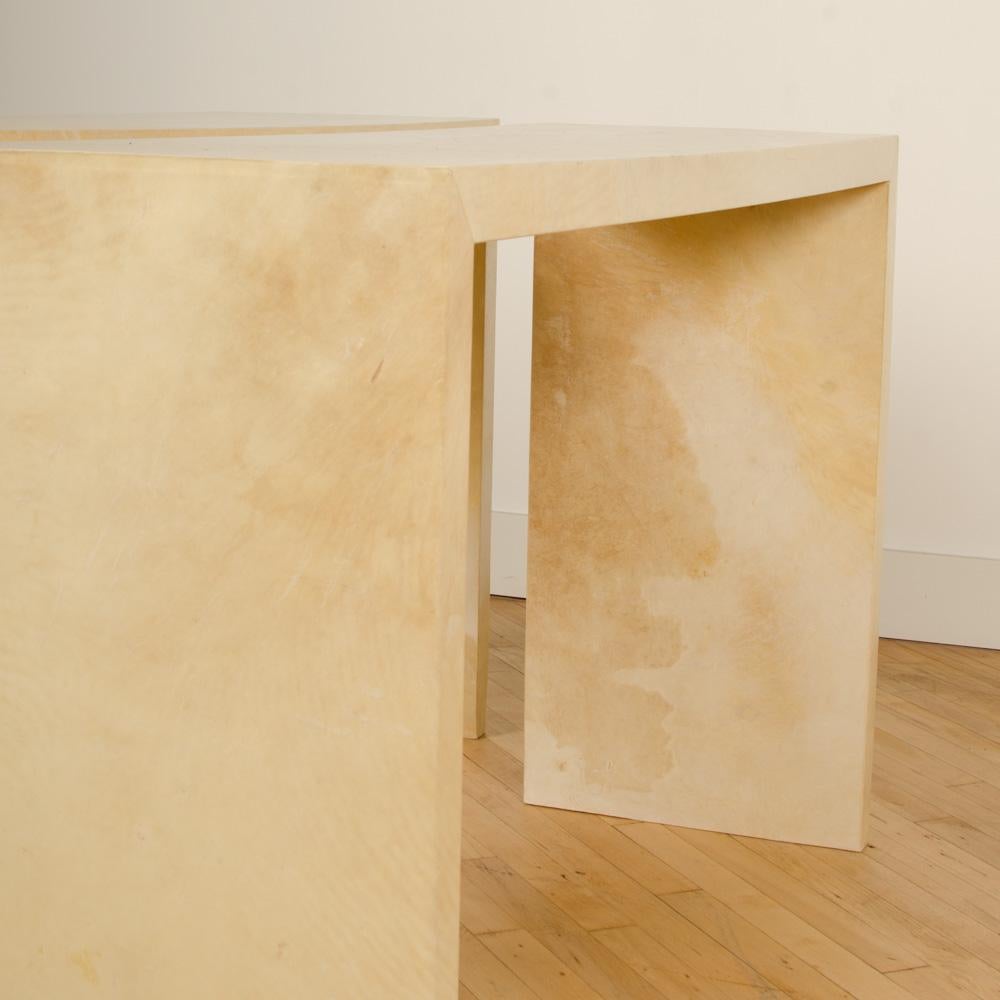 Parchment Paper Pair of Console Tables Covered in Parchment in the Manner of Jean-Michel Frank